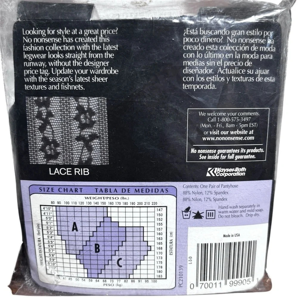 No Nonsense Lace Rib control top sheer toe size C pantyhose club wear Halloween